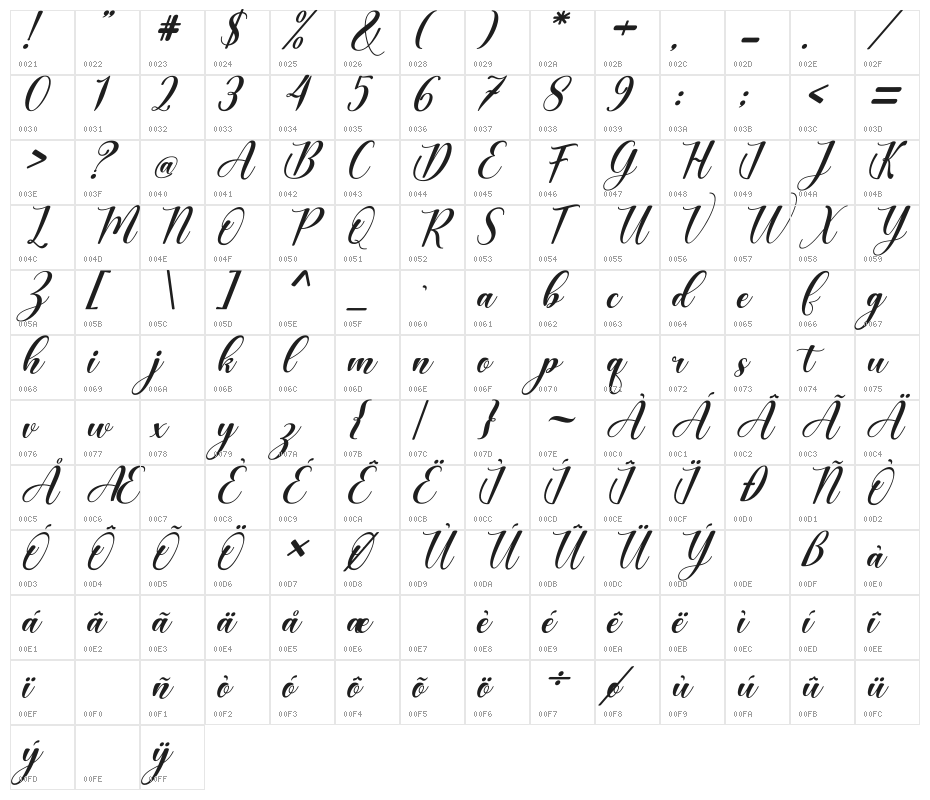 The Purple Love Italic Character Map