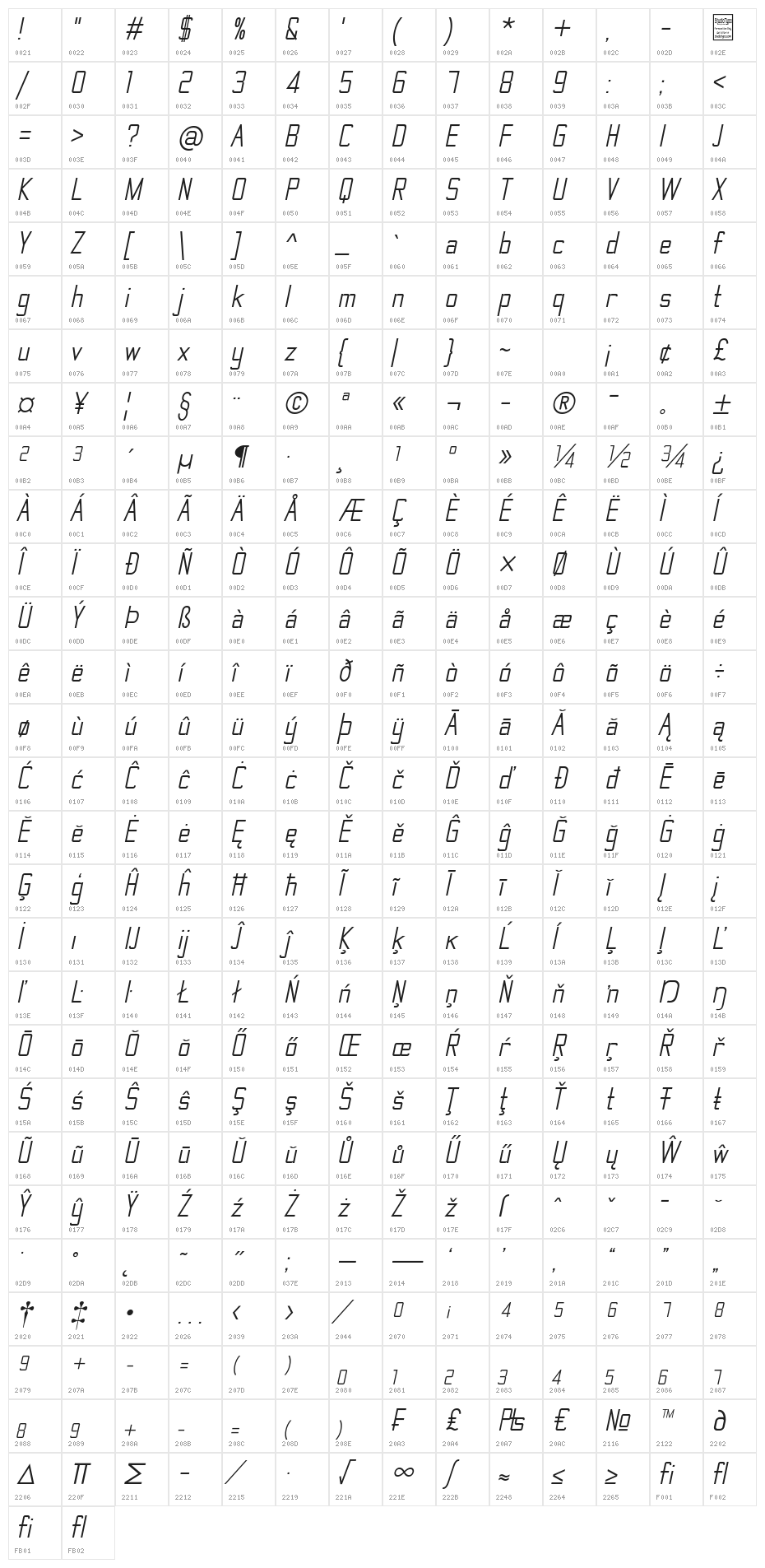 TheMatic Italic Character Map