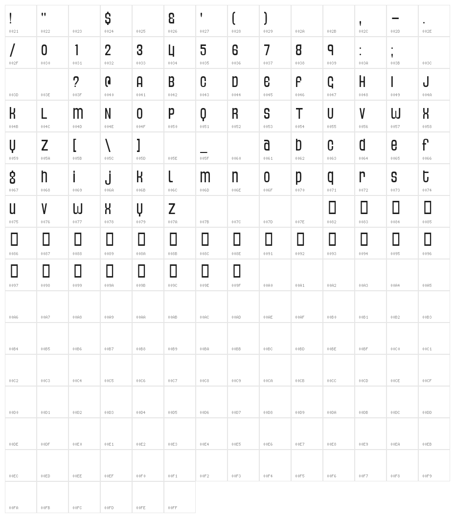 Thin Dime Character Map
