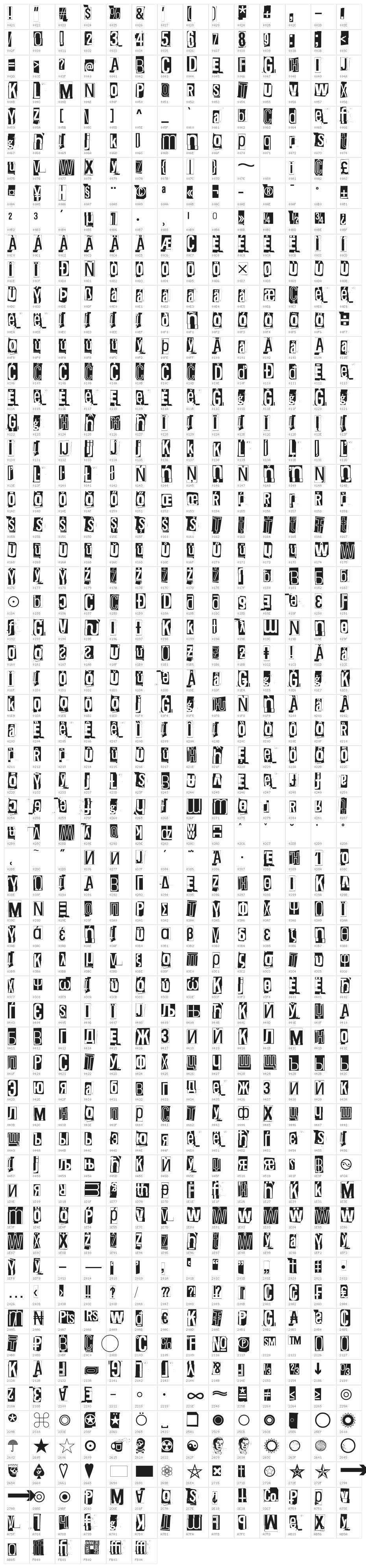 Thin Four Down Three Crazy Pink Zero Character Map