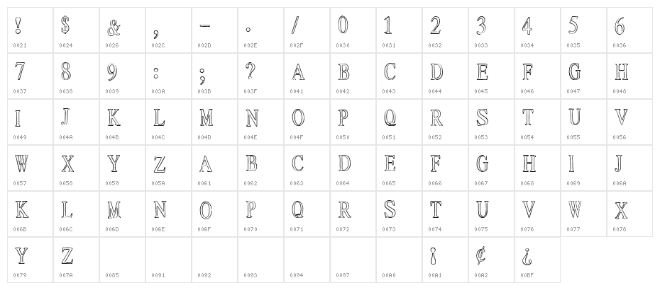 Ticket Capitals Outline Medium Character Map