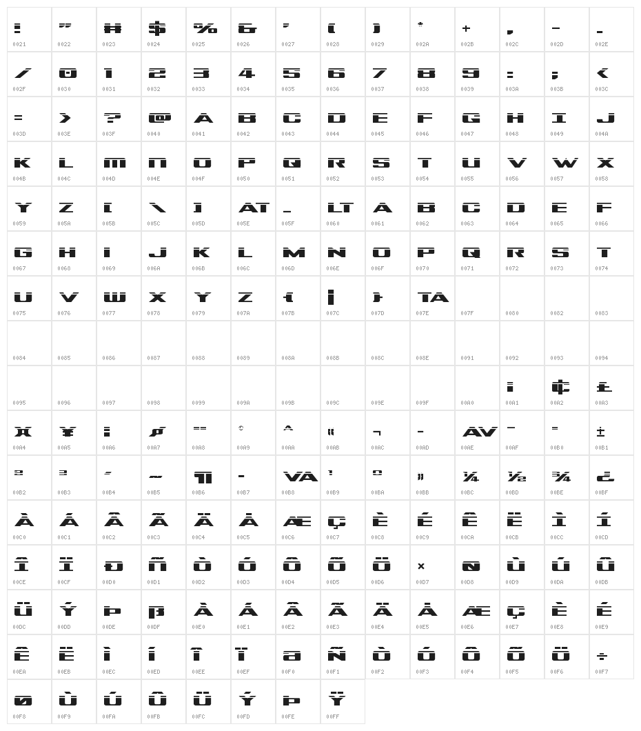 Tigershark Laser Regular Character Map