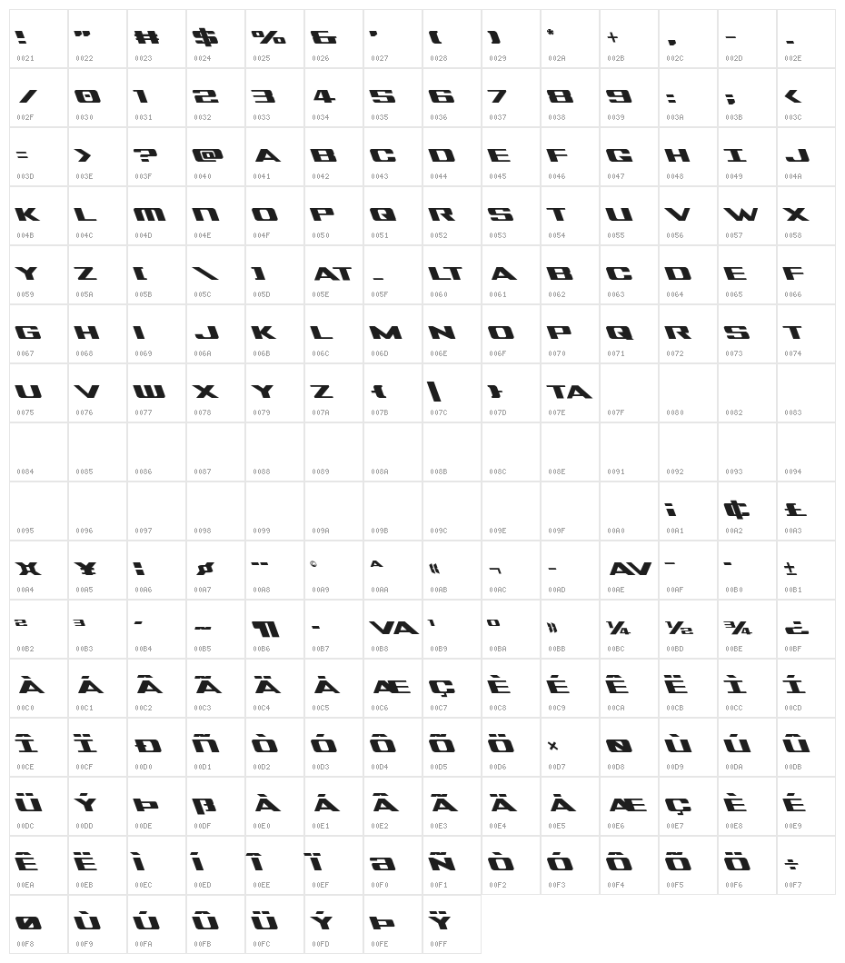 Tigershark Leftalic Character Map