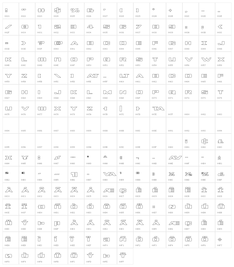 Tigershark Outline Regular Character Map
