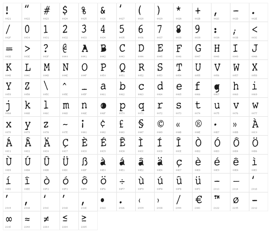 TightWriter-Regular Character Map