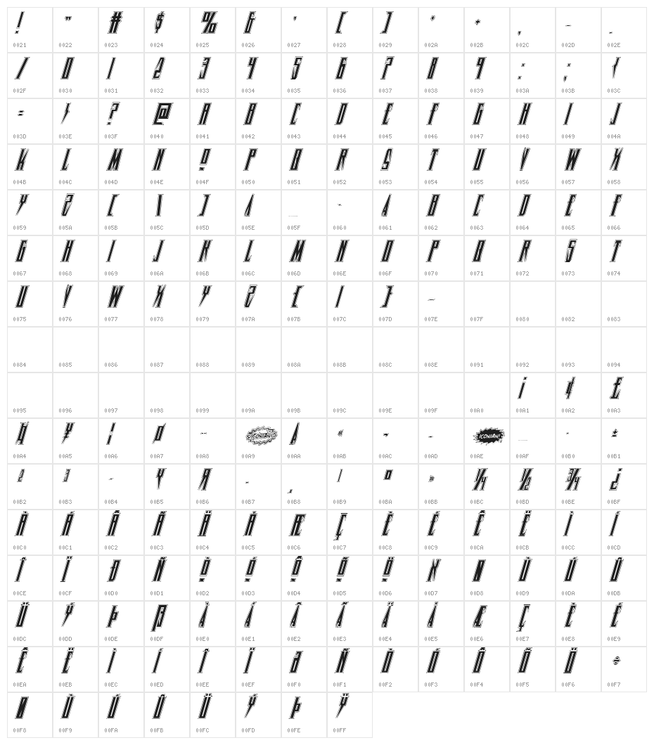 Timberwolf Academy Italic Character Map