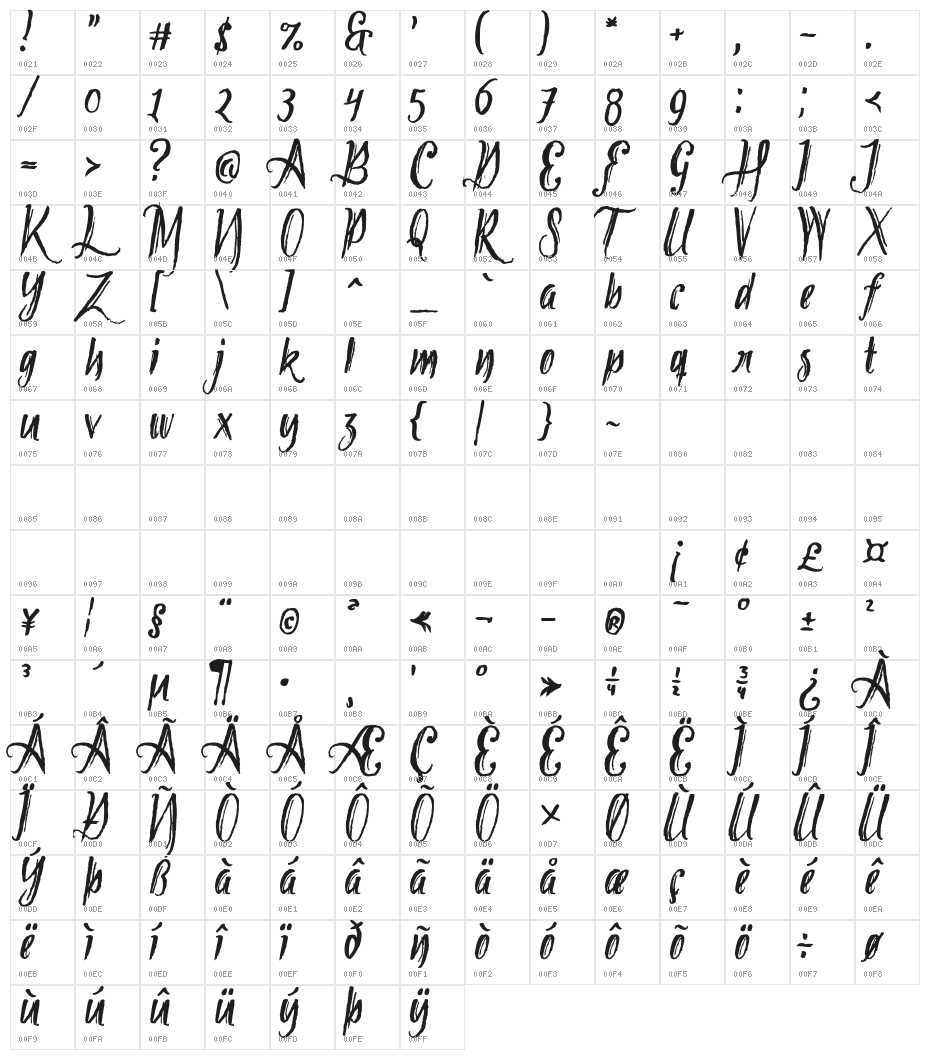 Tipbrush Script 2 Character Map