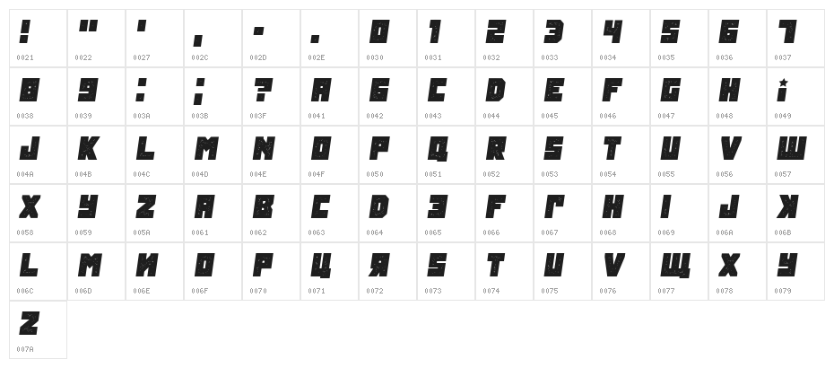 Tokarev Grunged Italic Character Map