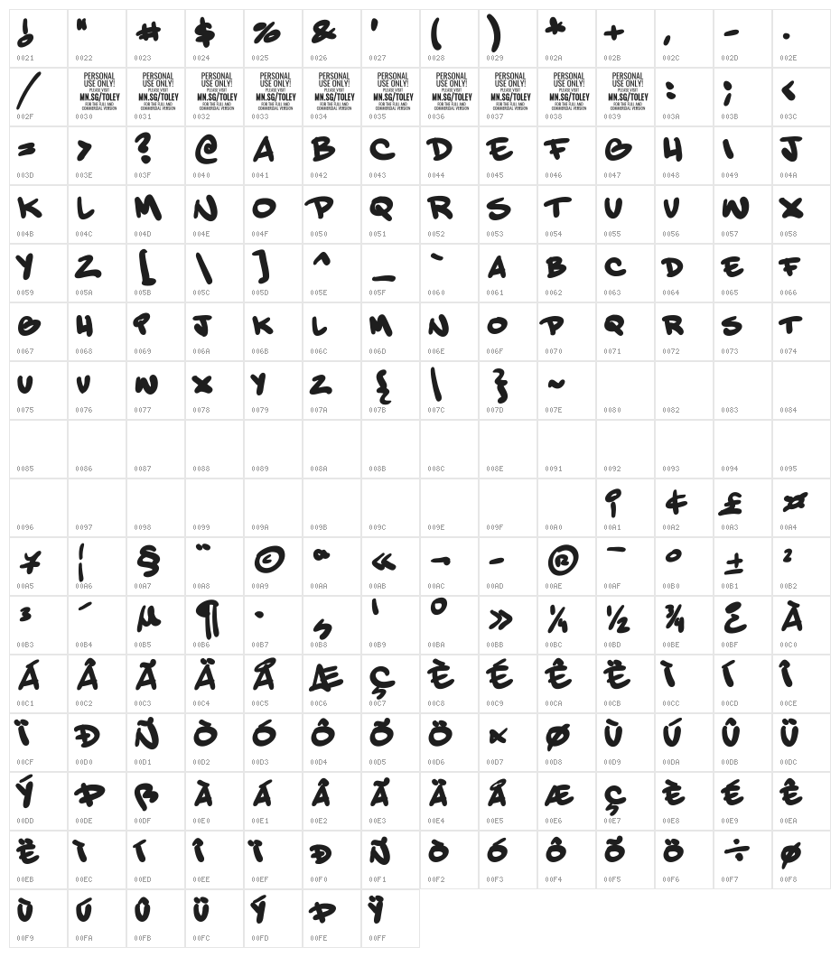 ToleyHandPERSONALUSEONLY Character Map