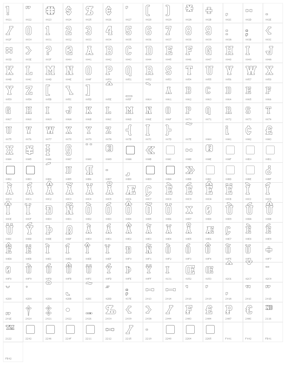Tonopah Hollow Bold Character Map