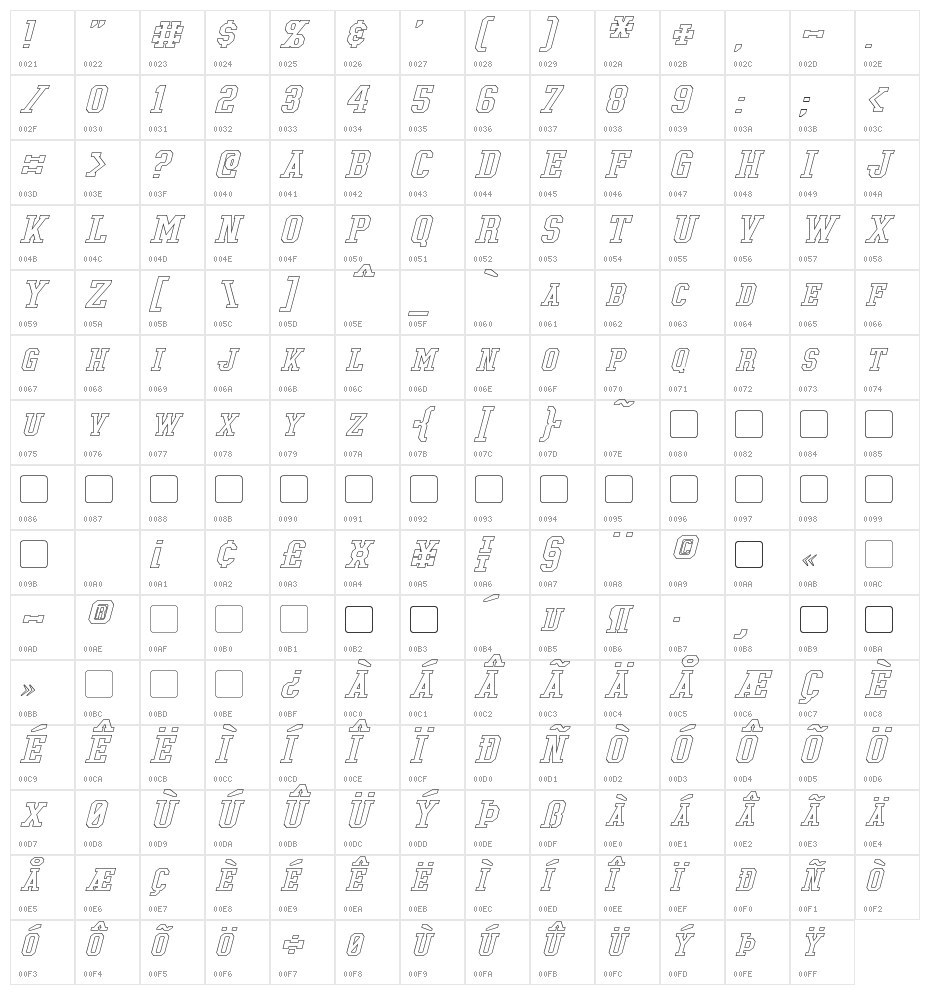 Tonopah Hollow Italic Character Map