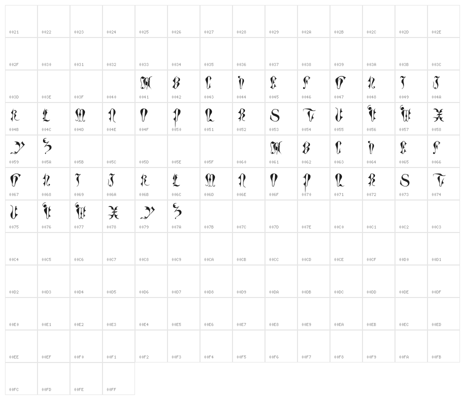 Tory Gothic Caps Character Map