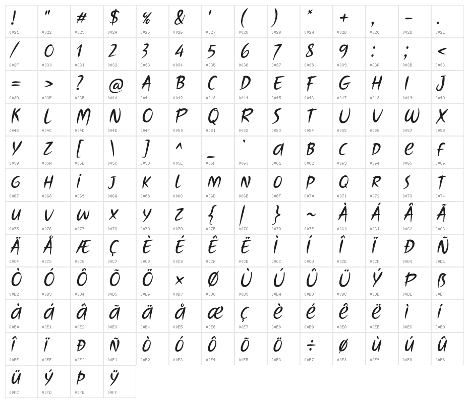 TouchOverNext-Italic Character Map