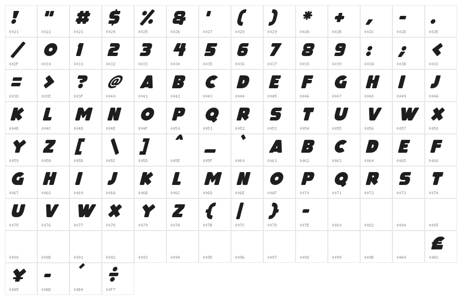 ToyBox Italic Character Map