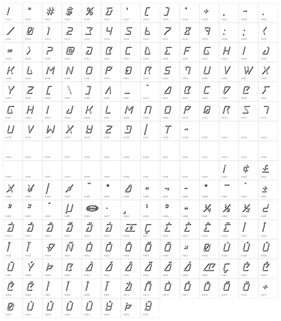 Tracer 3D Italic Character Map