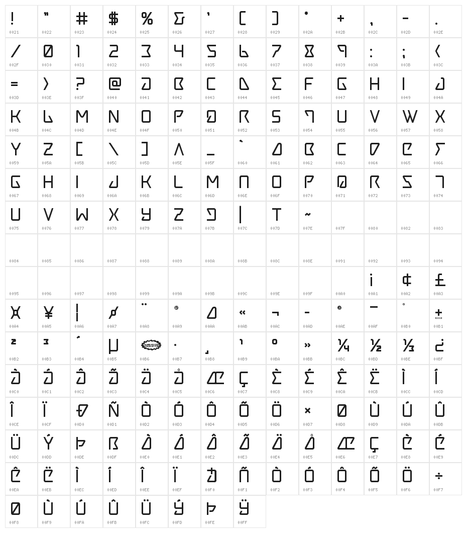 Tracer Bold Character Map