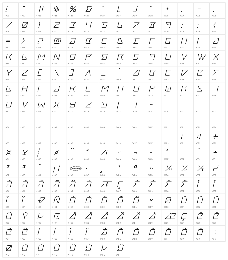 Tracer Expanded Italic Character Map