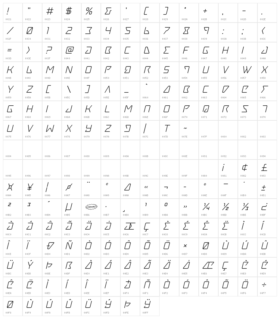 Tracer Italic Character Map