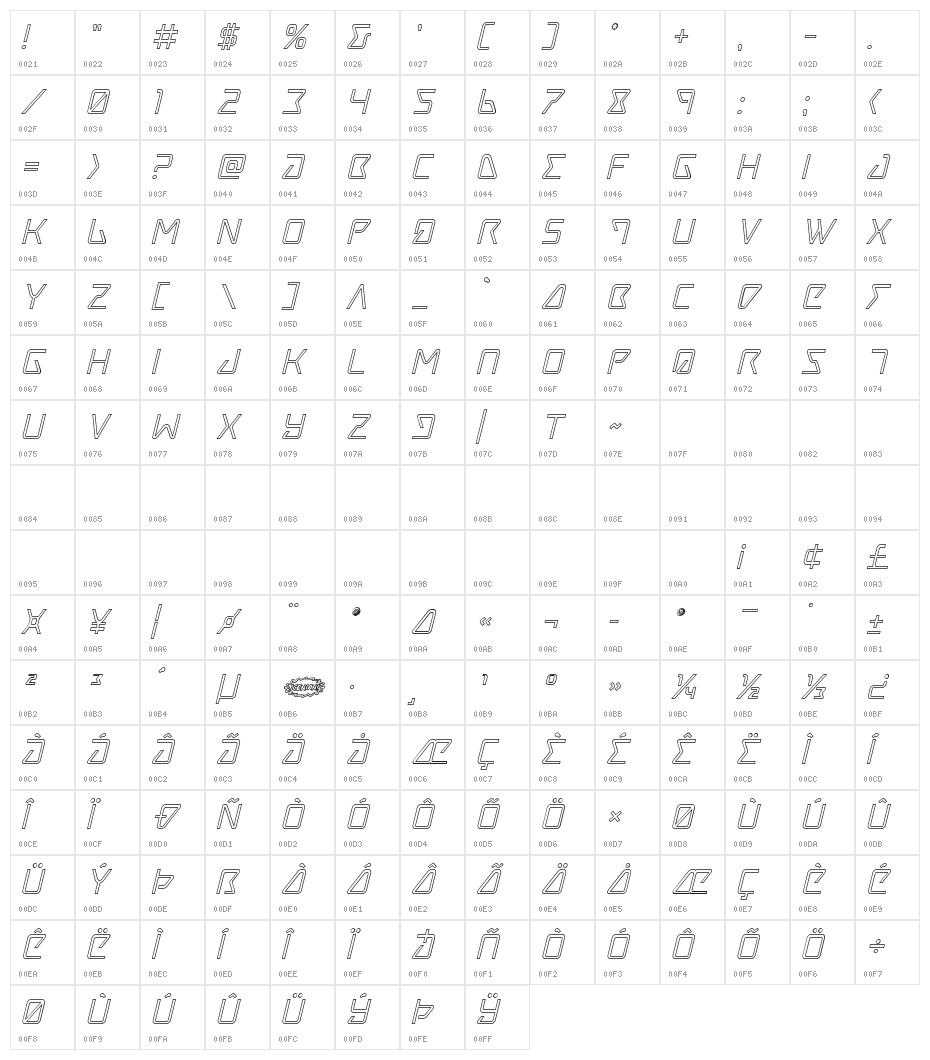 Tracer Outline Italic Character Map
