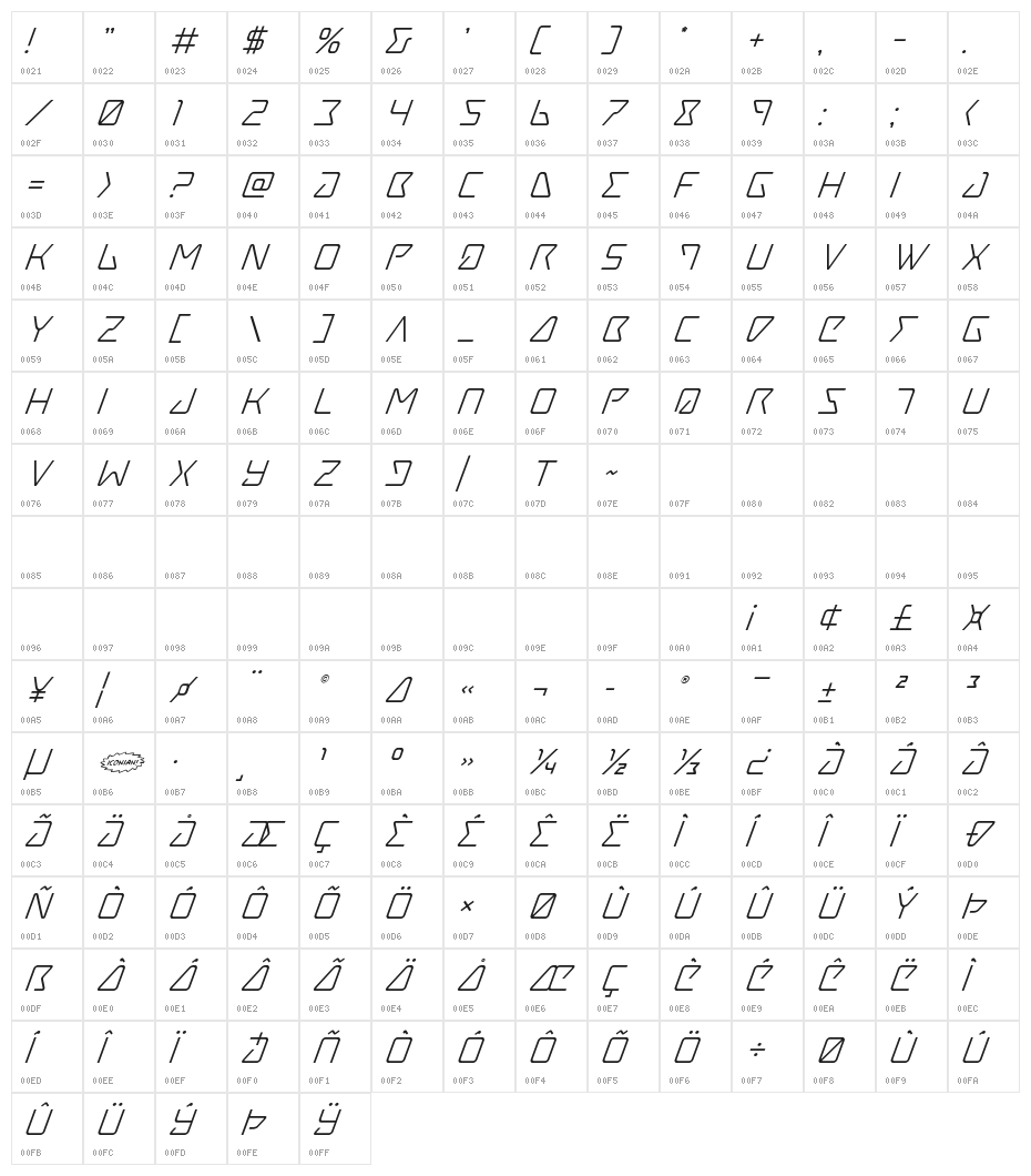 Tracer Super-Italic Character Map