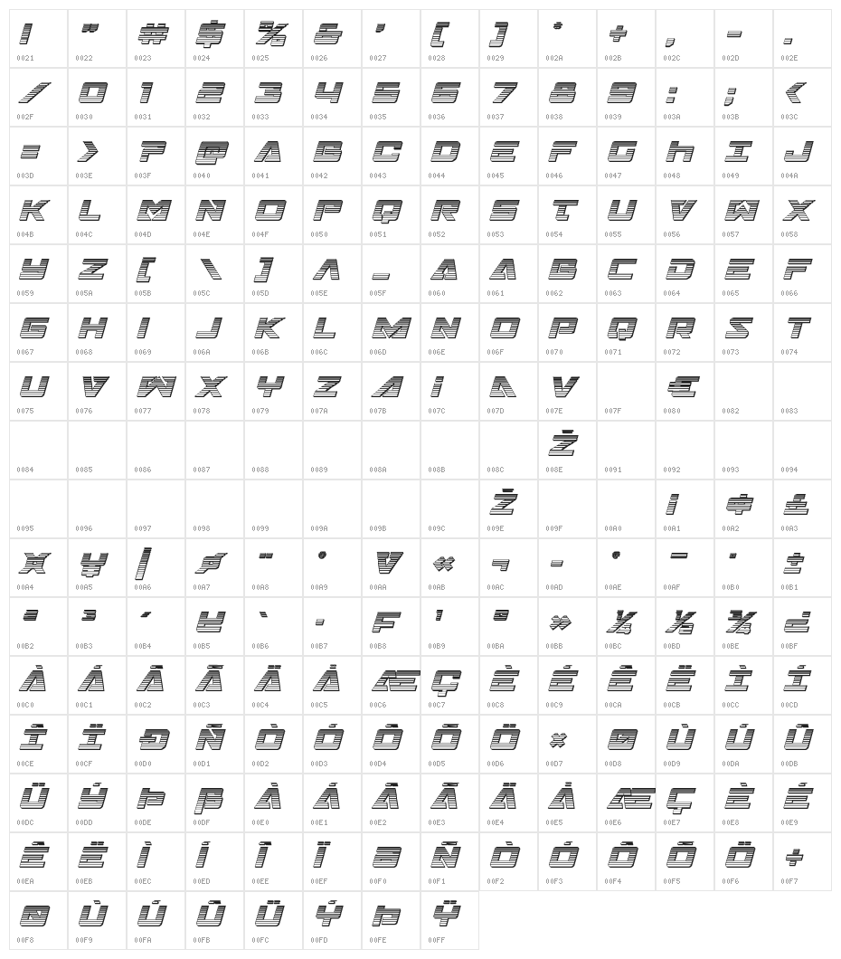 Trans-America Chrome Italic Character Map