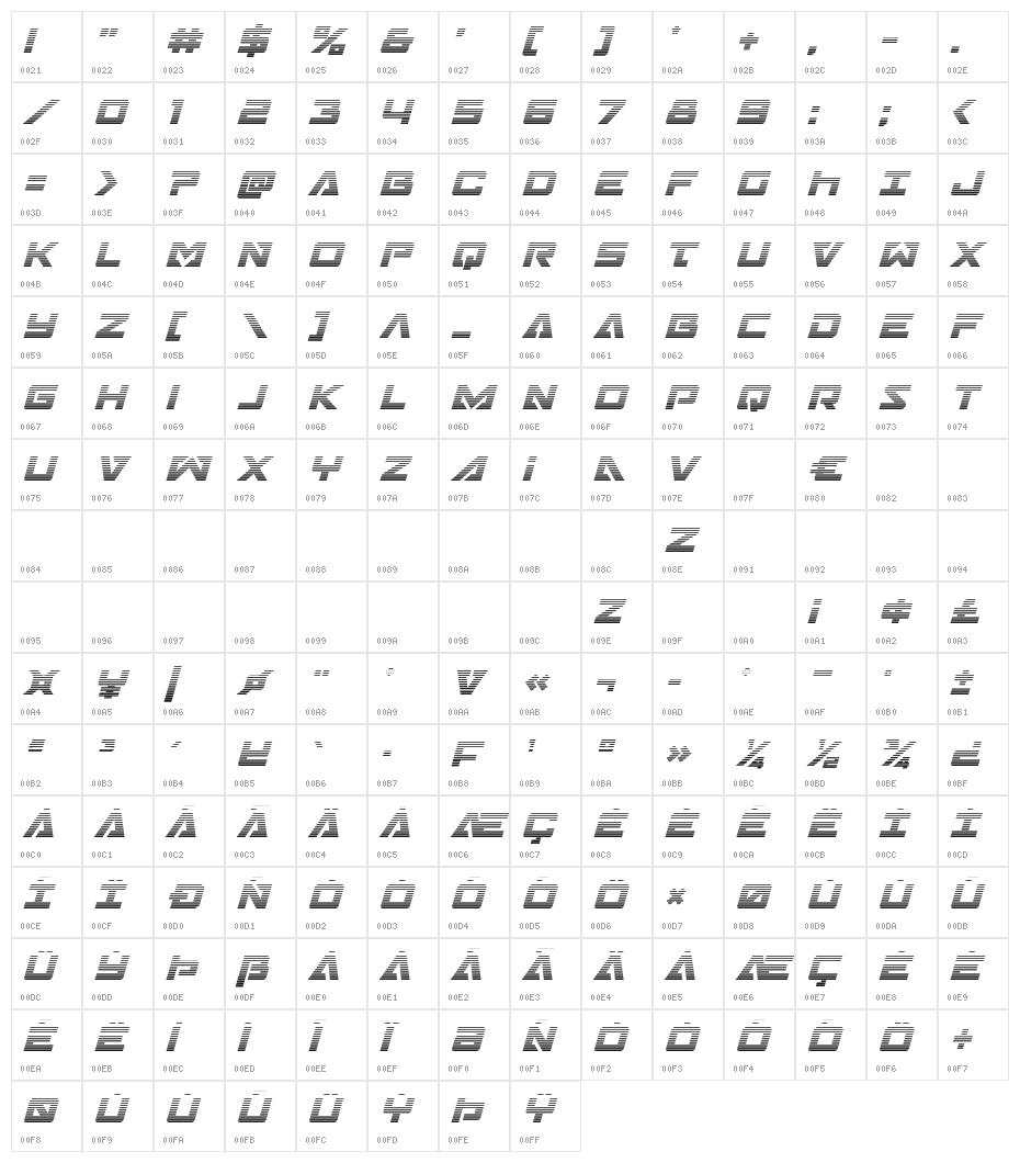 Trans-America Gradient Italic Character Map
