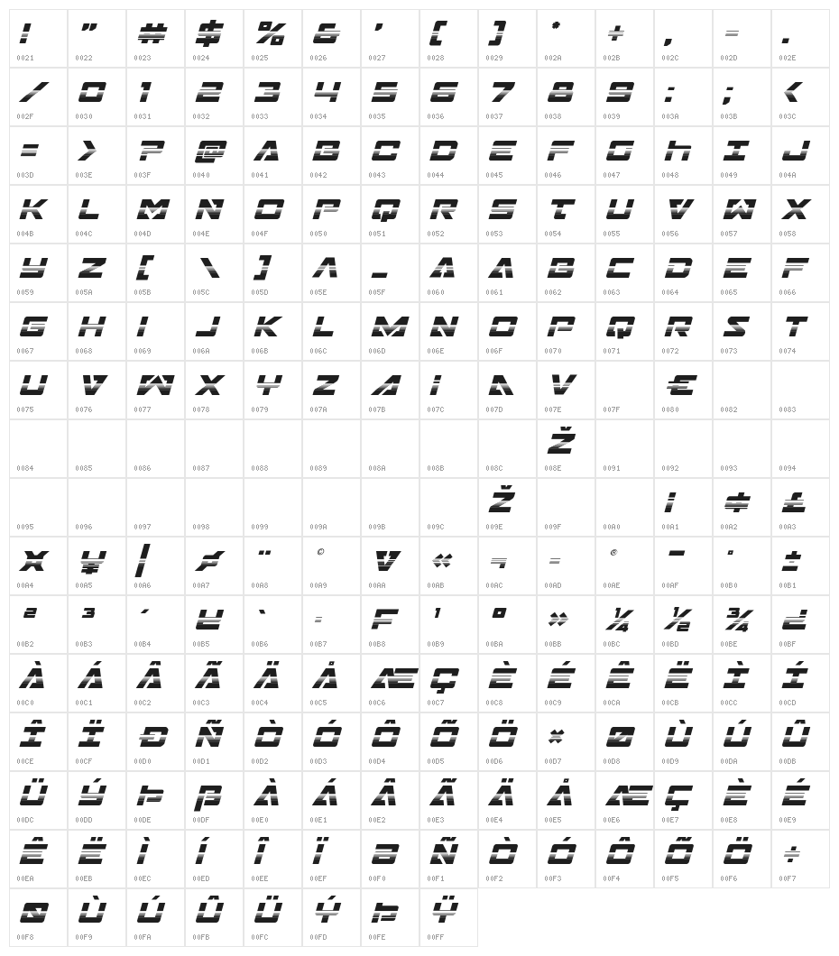Trans-America Halftone Italic Character Map