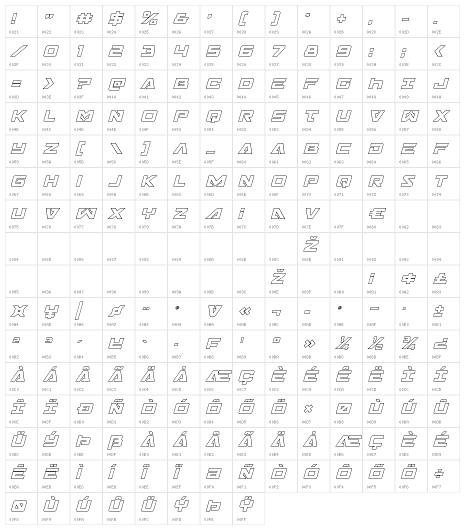 Trans-America Outline Italic Character Map