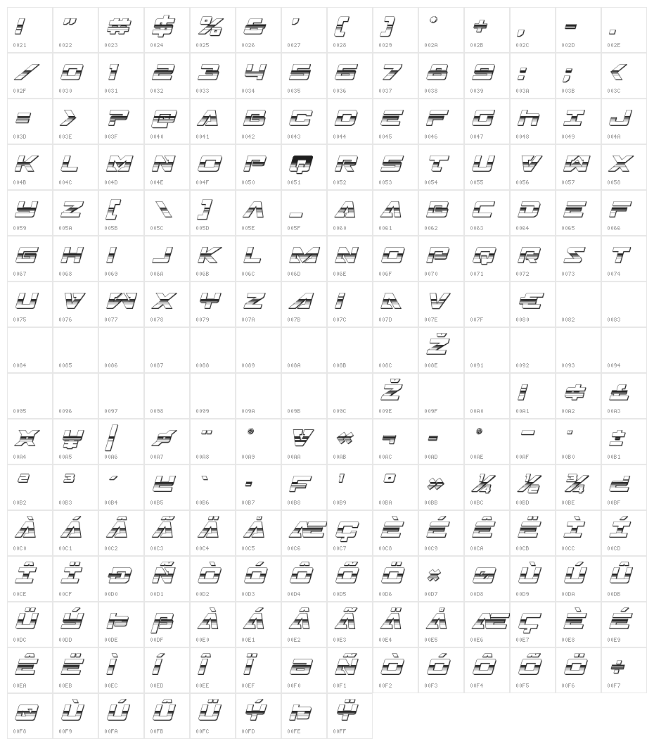 Trans-America Platinum Italic Character Map