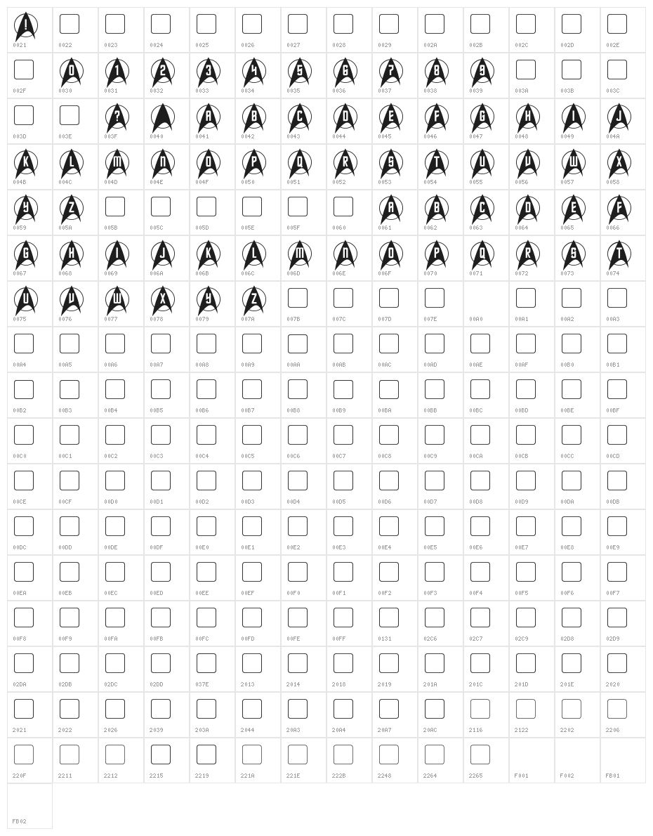 Trek Arrowcaps Character Map
