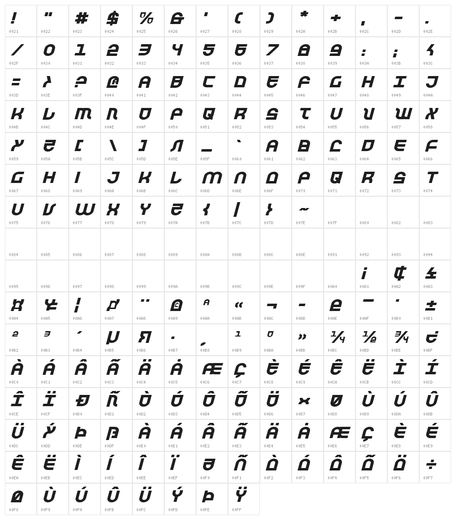 Trek Trooper Expanded Italic Character Map