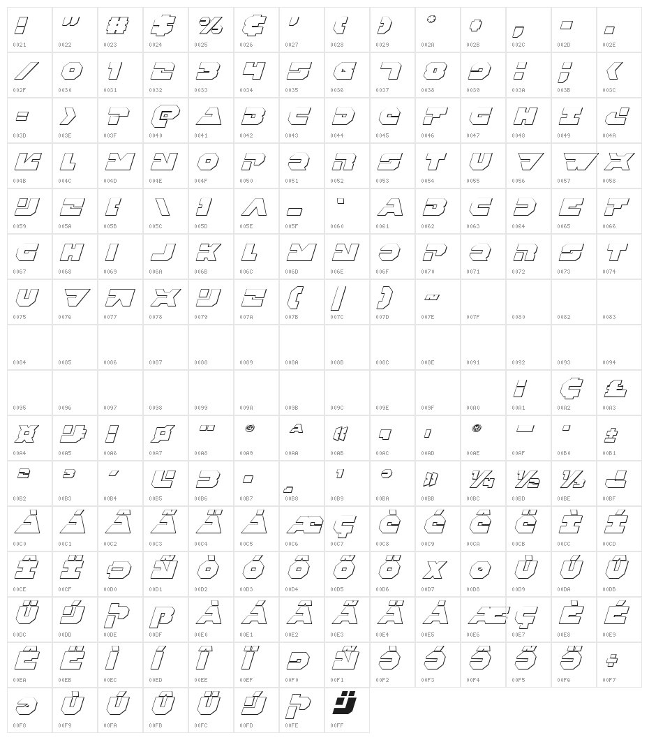 Trigger Man 3D Italic Character Map
