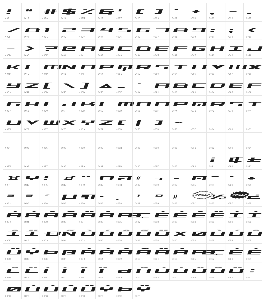 Trireme Expanded Italic Character Map