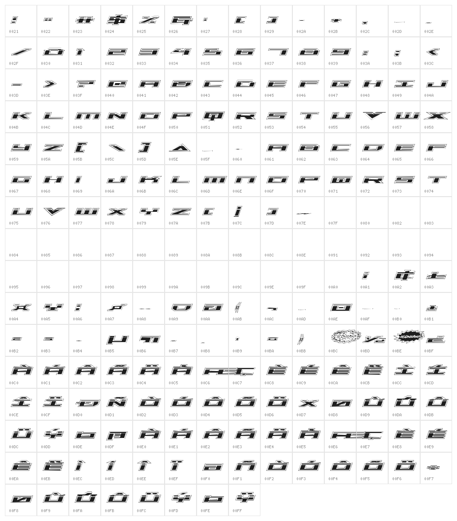 Trireme Laser Academy Italic Character Map