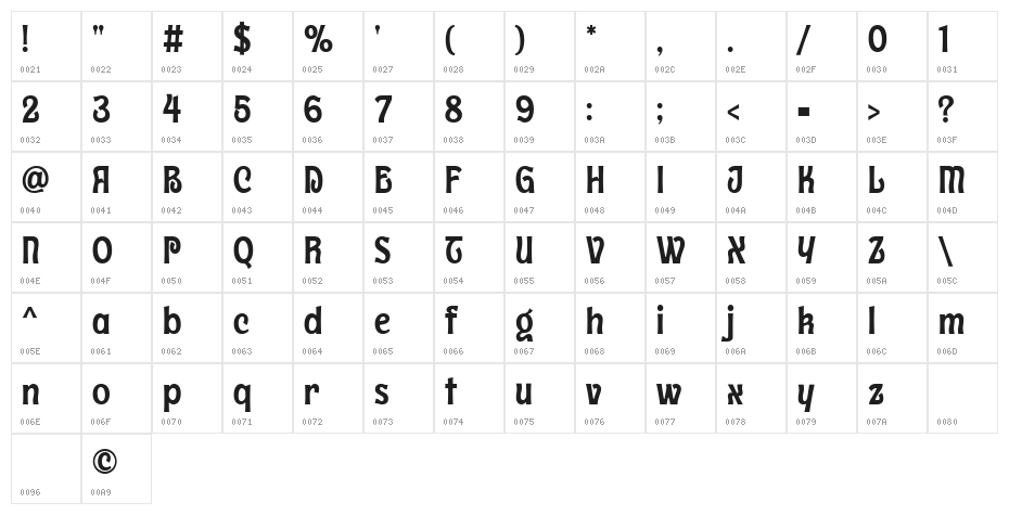 Trivenia Regular Character Map