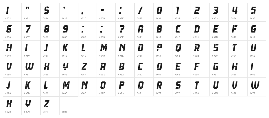 Trueborn Extended Italic Character Map
