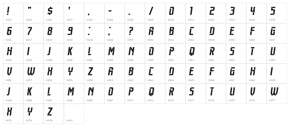 Trueborn Italic Character Map