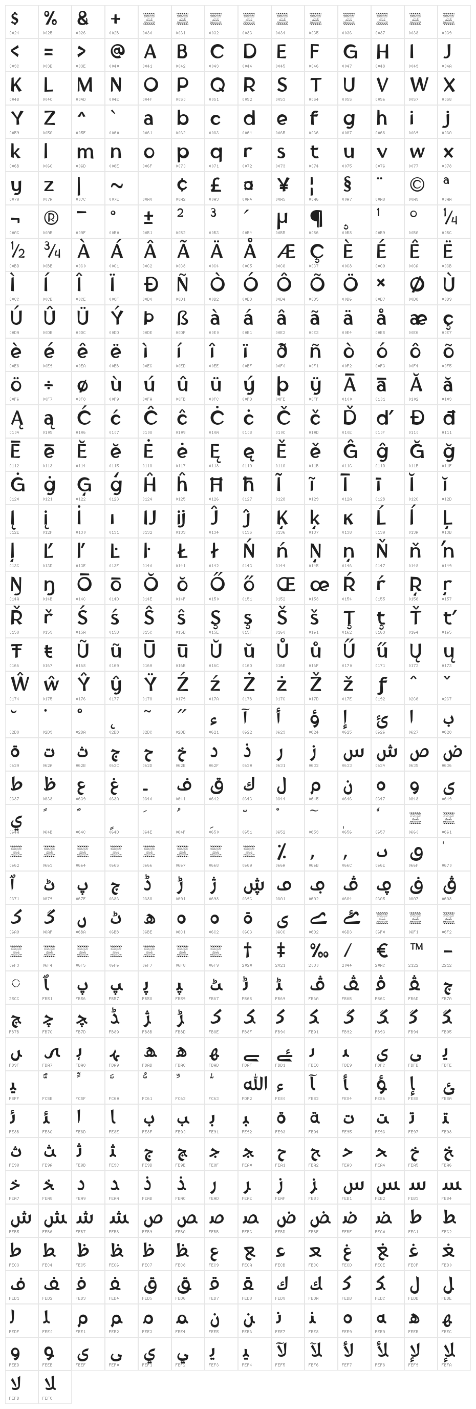 Tufuli Arabic DEMO Regular Character Map