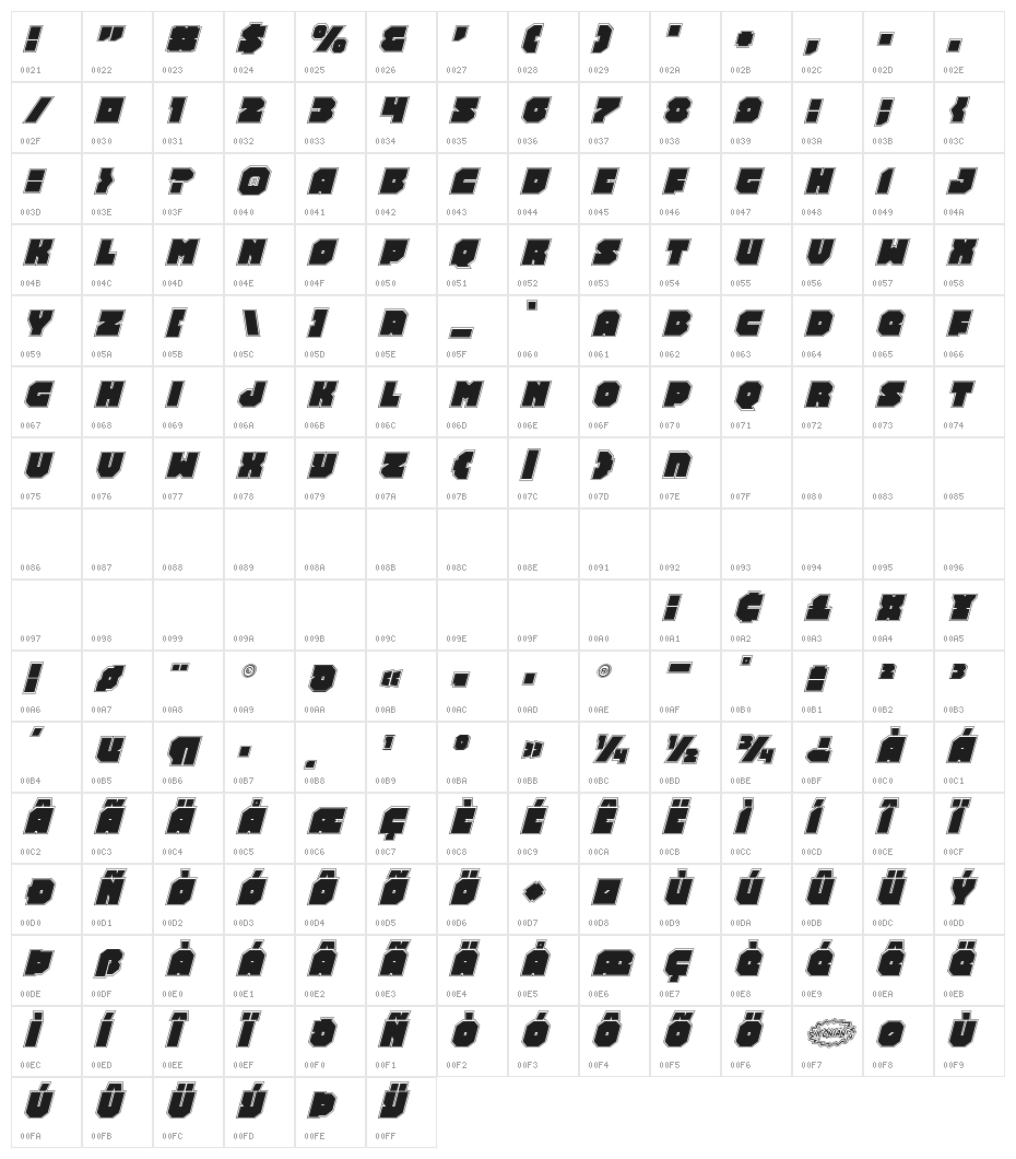 Turtle Mode Academy Italic Character Map