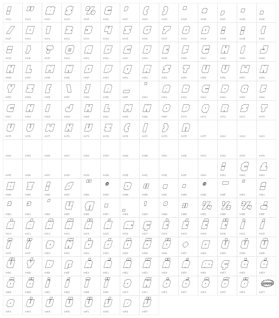 Turtle Mode Outline Italic Character Map