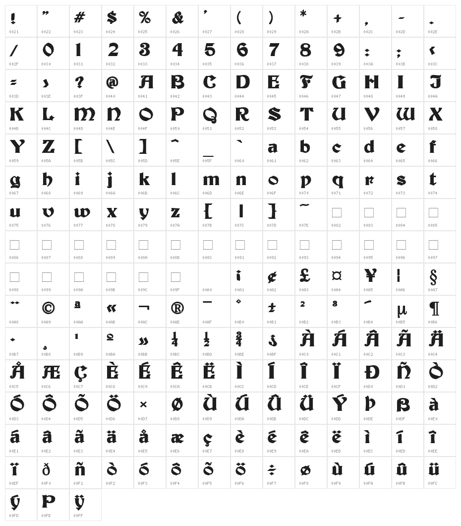 Tutbury Bold Character Map