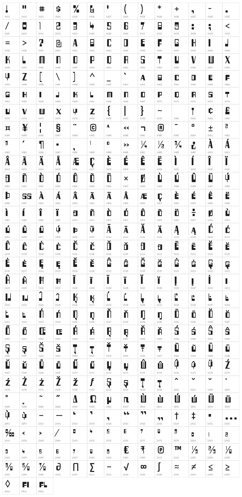 TwoFiftySixBytes-Regular Character Map