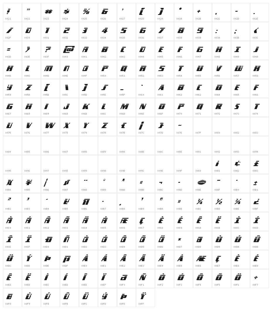 Typhoon Laser Italic Character Map