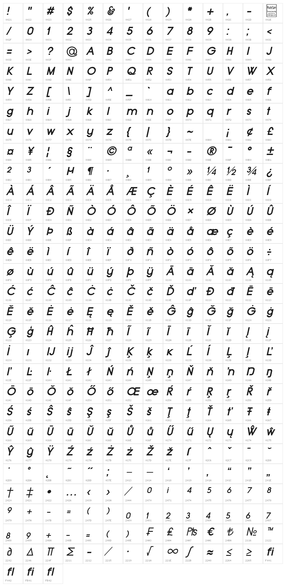 Typo Grotesk Bold Italic Character Map