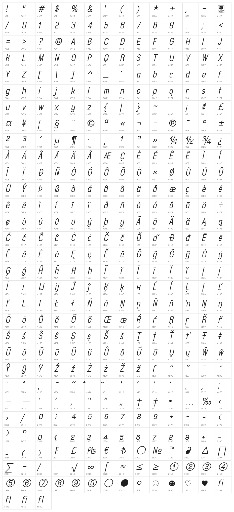 Typo Quik Light Demo Italic Character Map
