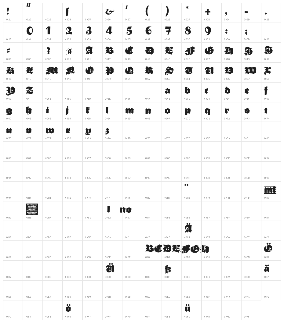 TypoasisBoldGothic Character Map