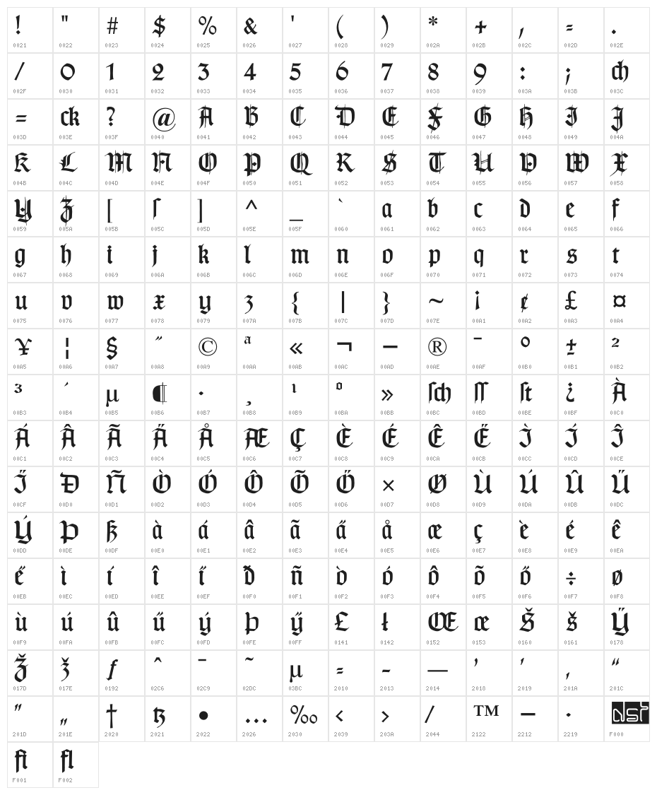 TypographerGotischSchmuck Character Map