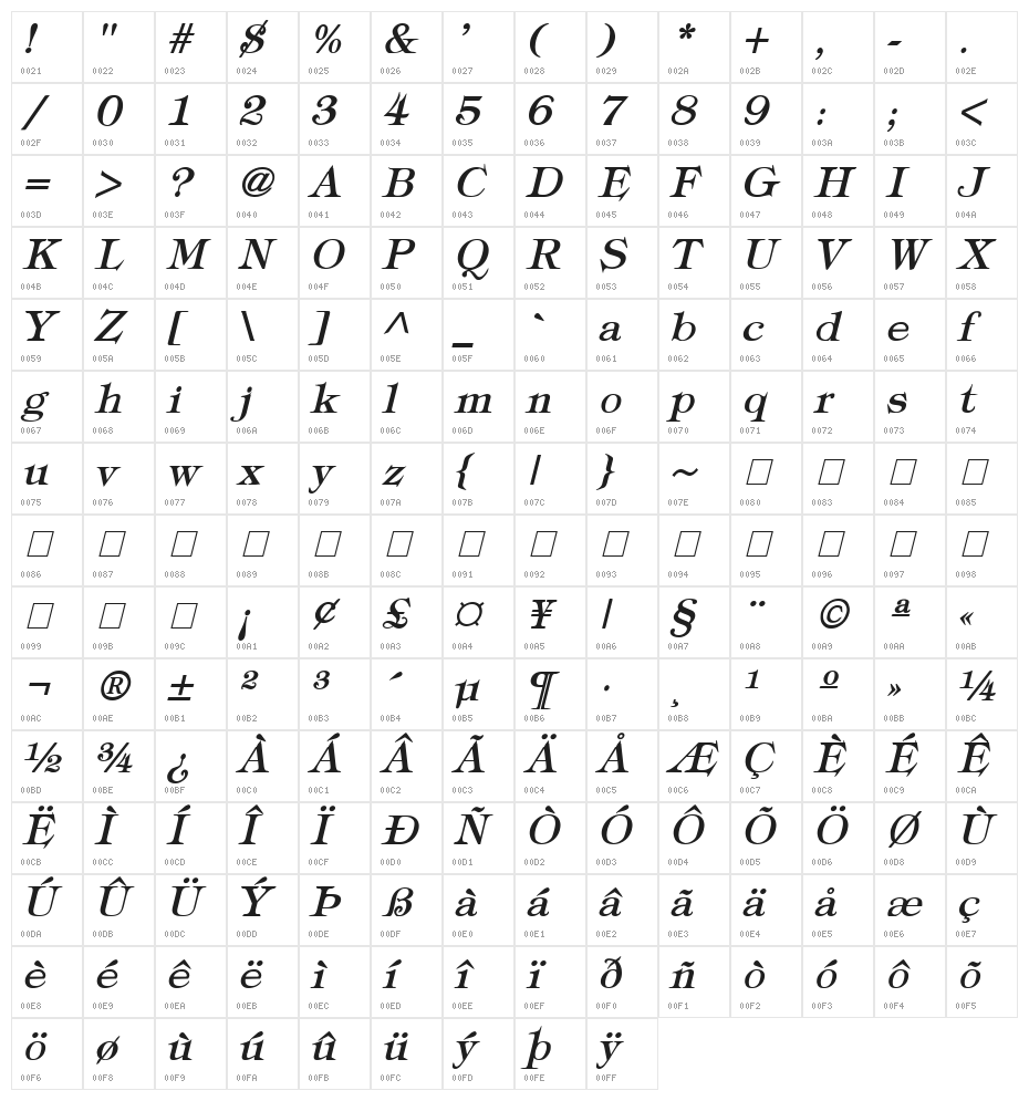 Typography Times Bold Italic Character Map