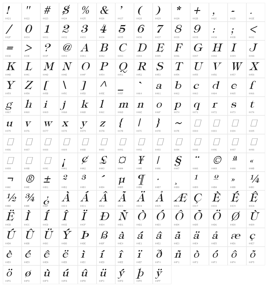 Typography Times Italic Character Map