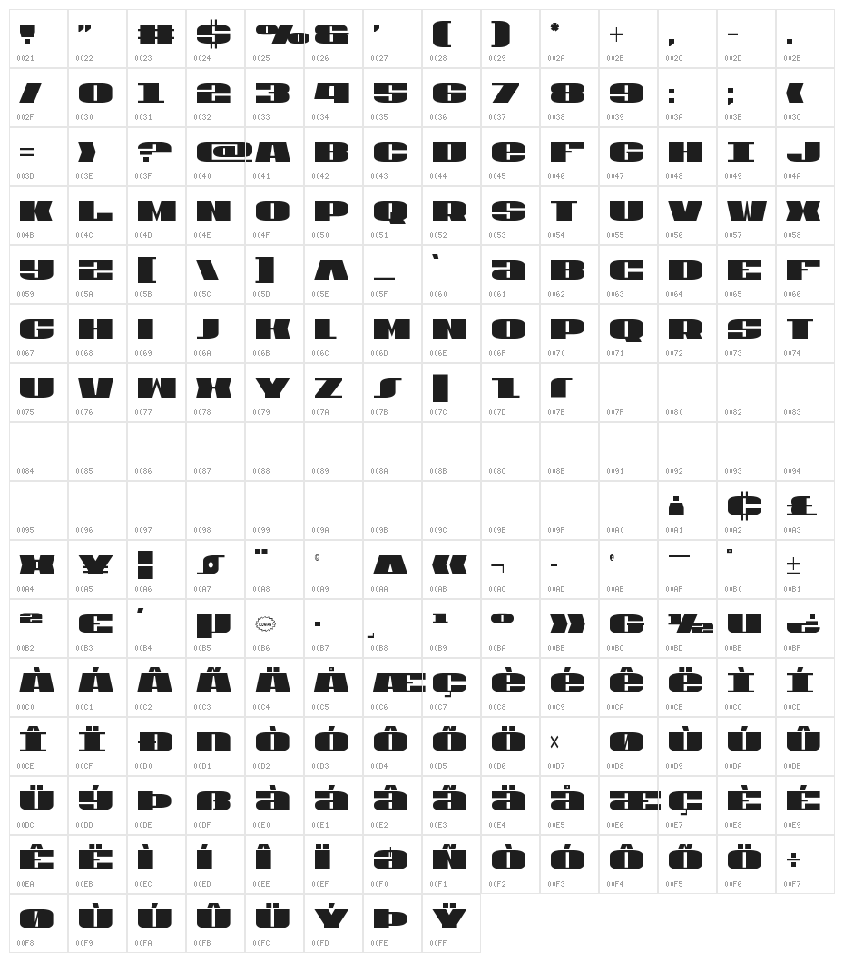 U.S.A. Extra-Condensed Character Map